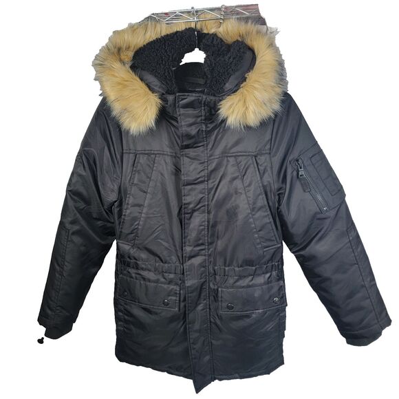 S13 New York Black Parka Jacket Youth 12 Girls Faux Fur Hood Warm Winter Coat - Picture 1 of 16